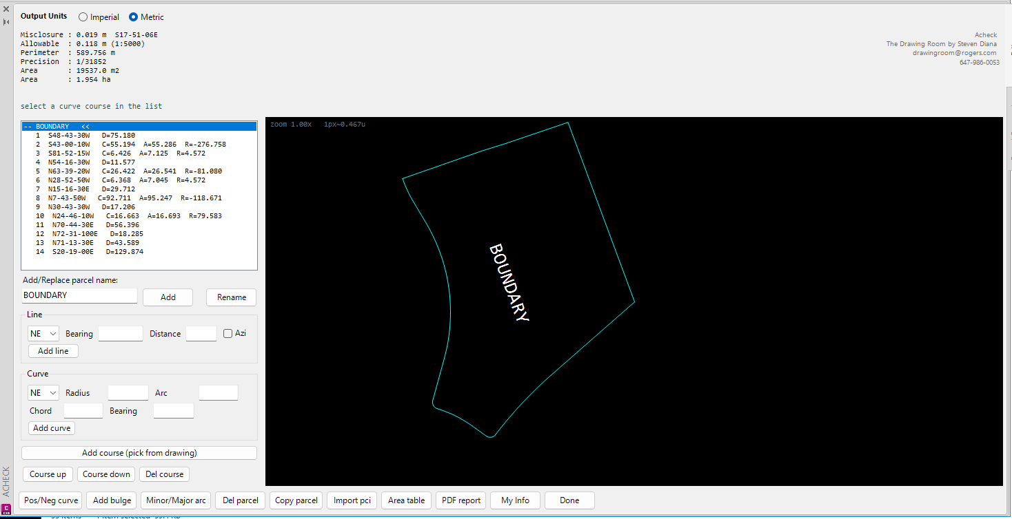 Acheck closure report showing misclosure 0.019 m, precision 1/31852 and area 1.954 ha, with the boundary drawn alongside