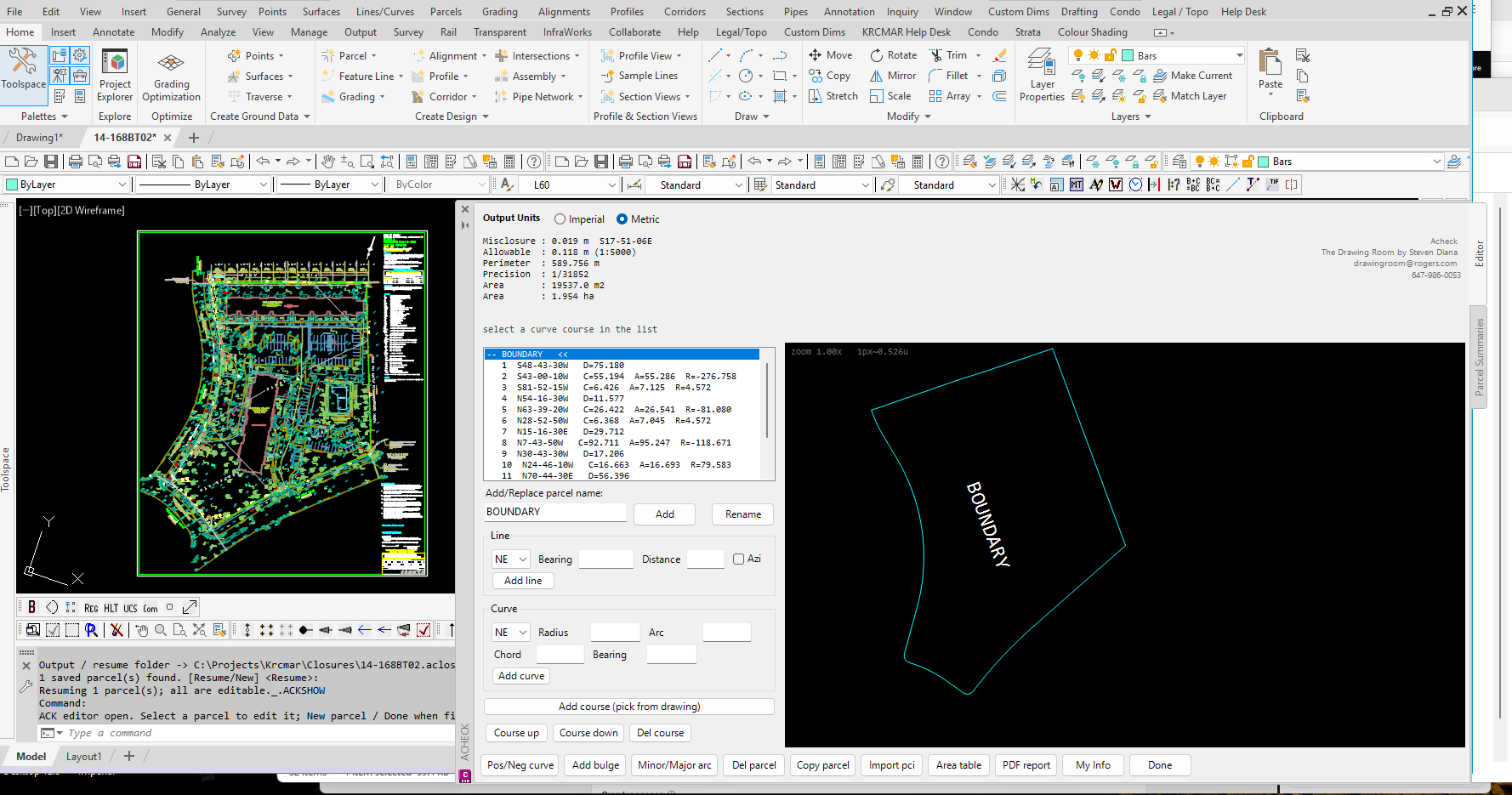 The Acheck palette docked inside Civil 3D next to the survey drawing it is checking