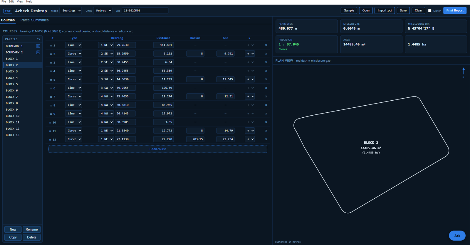 Acheck Desktop on Windows. Fifteen parcels listed down the left, the BLOCK 2 course table with bearings, distances, radii and arcs, closure results across the top, the parcel drawn on the right.