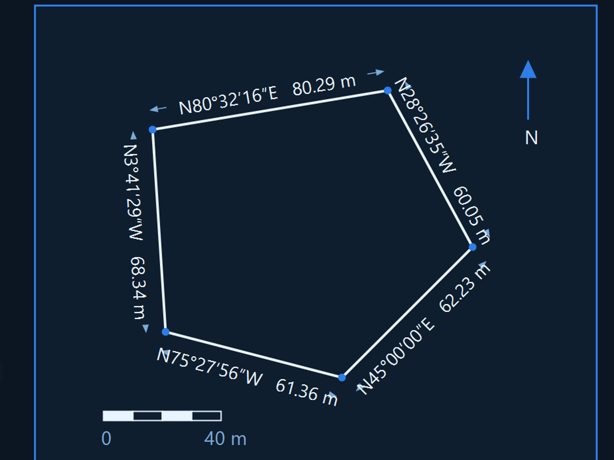 A redrawn survey sketch with bearings, distances and a north arrow
