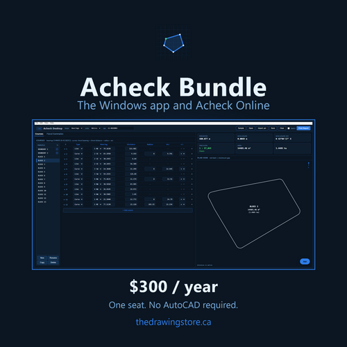 Acheck Desktop on Windows: a 12-course parcel with closure, precision 1:97,045, area and plan view. $300 a year, one seat, no AutoCAD required