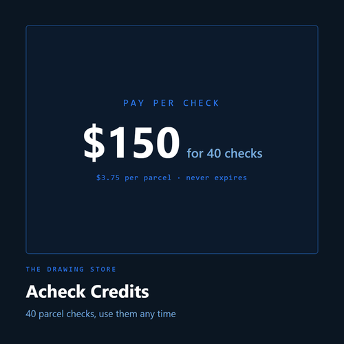 Acheck credits: $150 for 40 checks, $3.75 per parcel, never expires