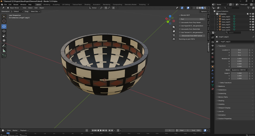 Export to Blender: every segment arrives as its own named, watertight solid in assembled position.