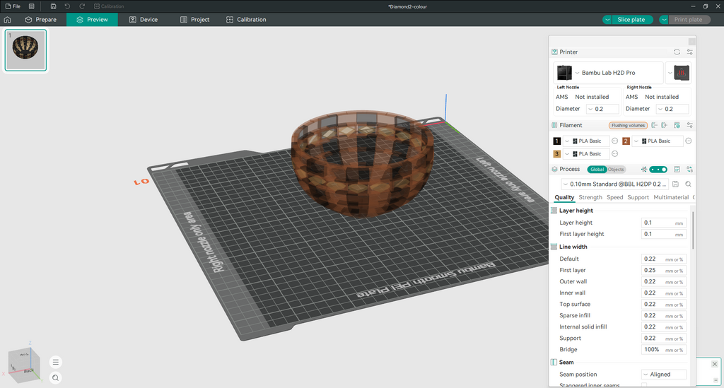 Export Colour 3MF and it opens in OrcaSlicer fully coloured — one filament slot per wood, ready to print.