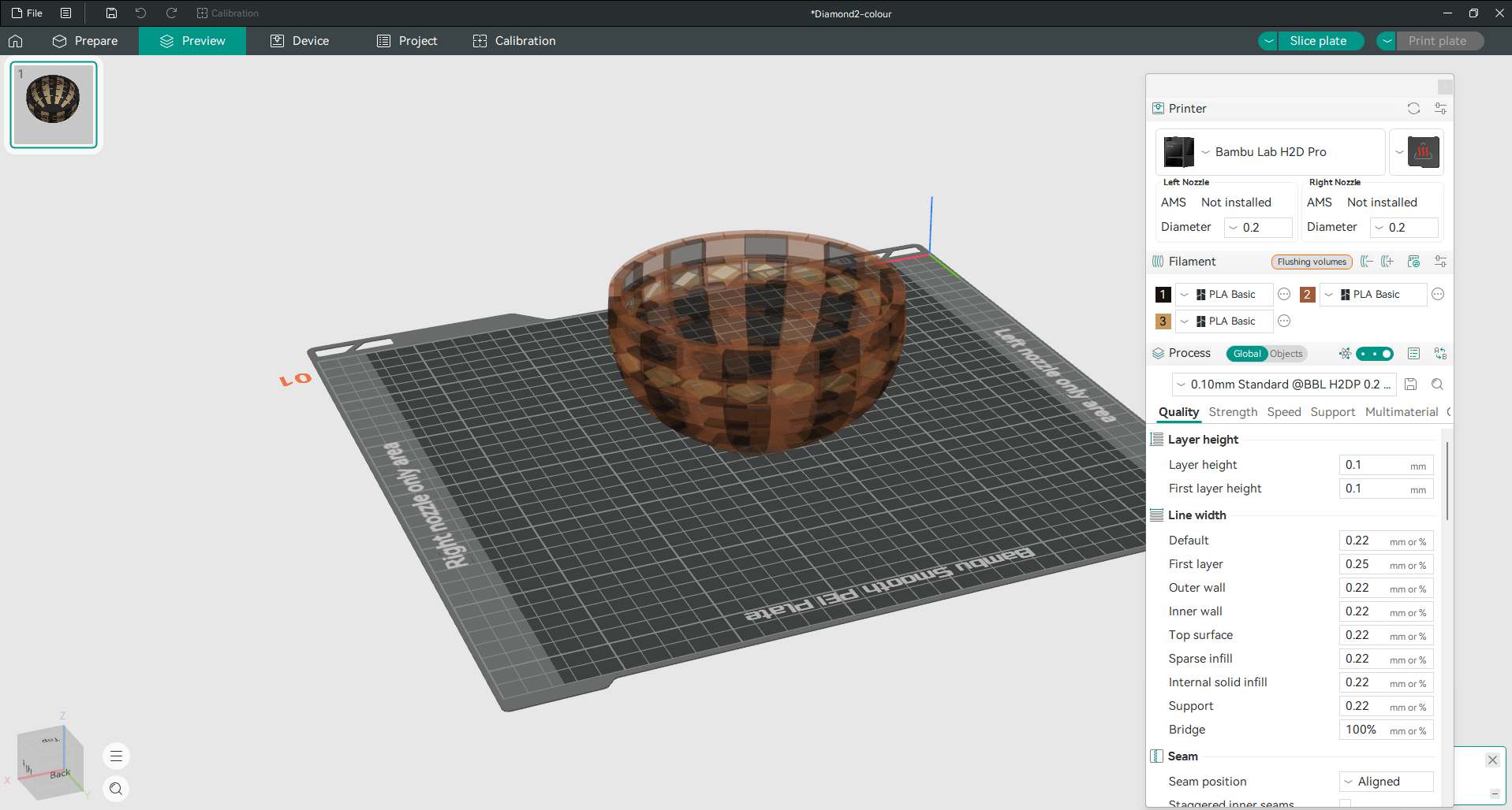 Export Colour 3MF and it opens in OrcaSlicer fully coloured — one filament slot per wood, ready to print.