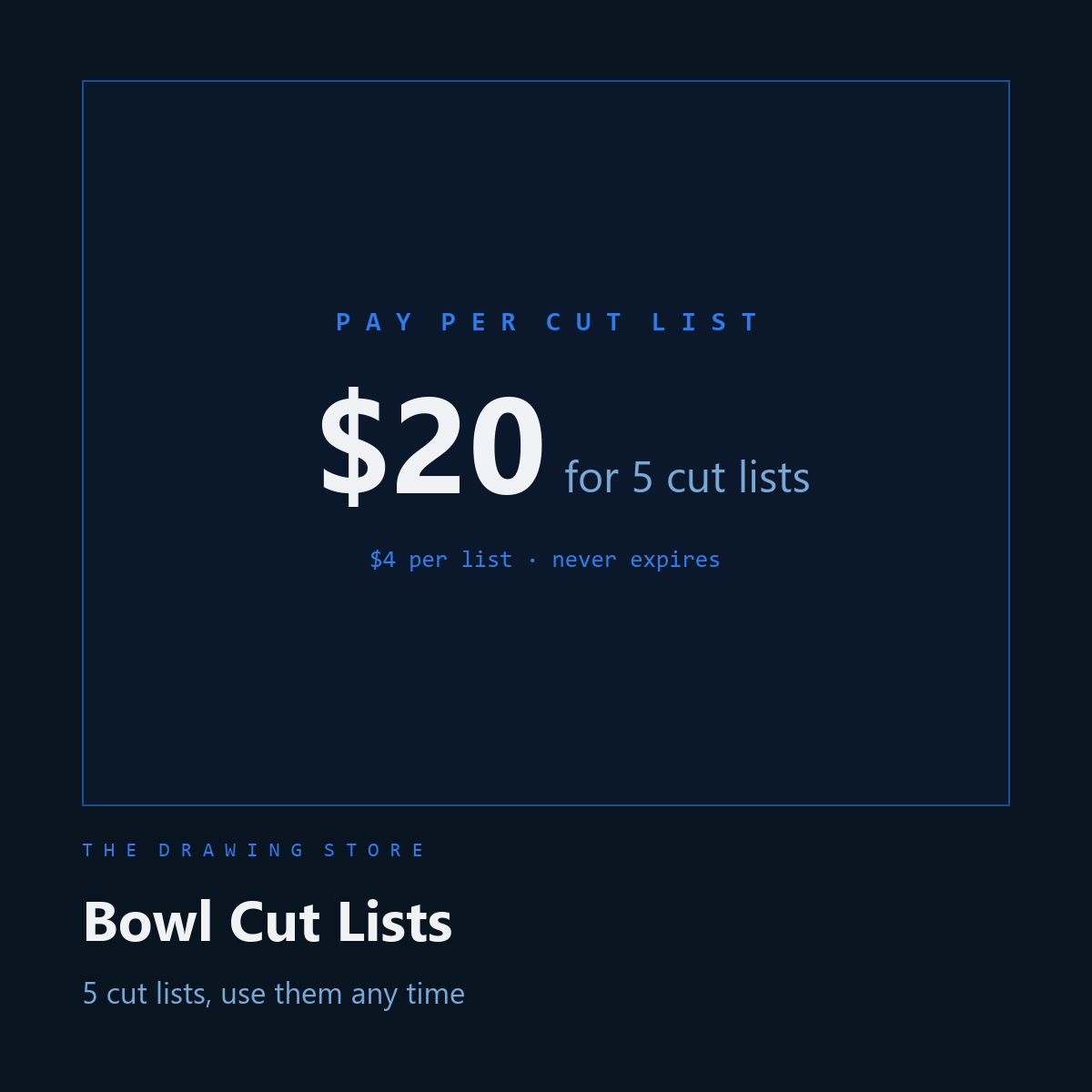 Bowl cut lists: $20 for 5 cut lists, $4 a list, never expires