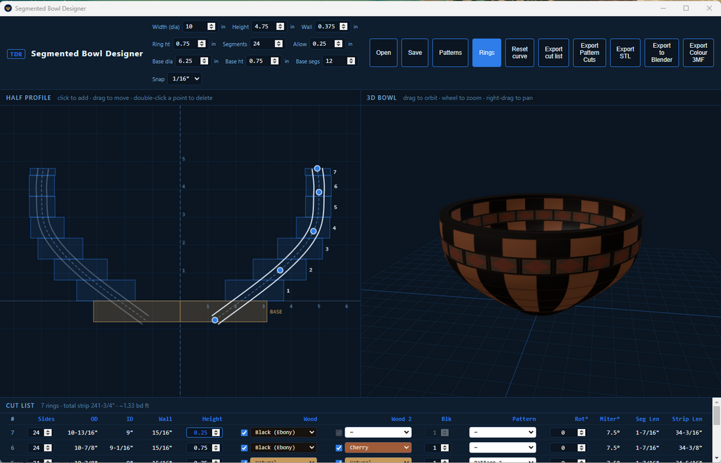 A cherry and ebony brick-stagger bowl previewed in 3D beside its profile and cut list