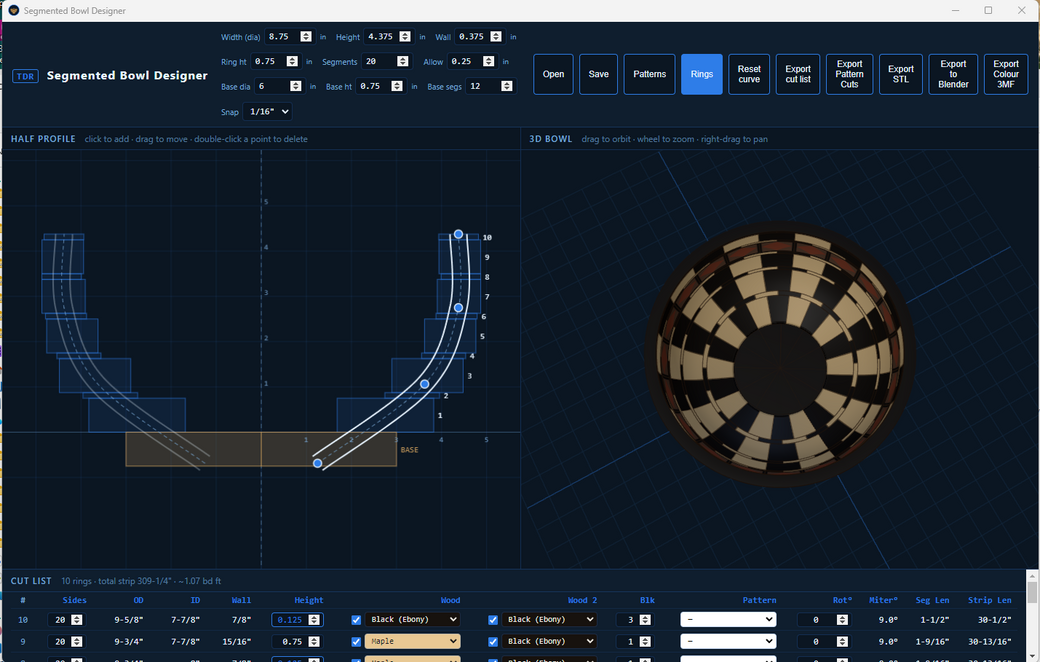 Looking straight down inside the 3D preview of the checkerboard bowl, showing how the segment pattern lands ring by ring
