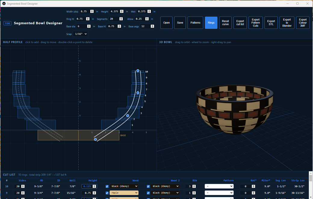 Segmented Bowl Designer with a maple and ebony checkerboard bowl: half-profile editor, 3D preview and per-ring cut list